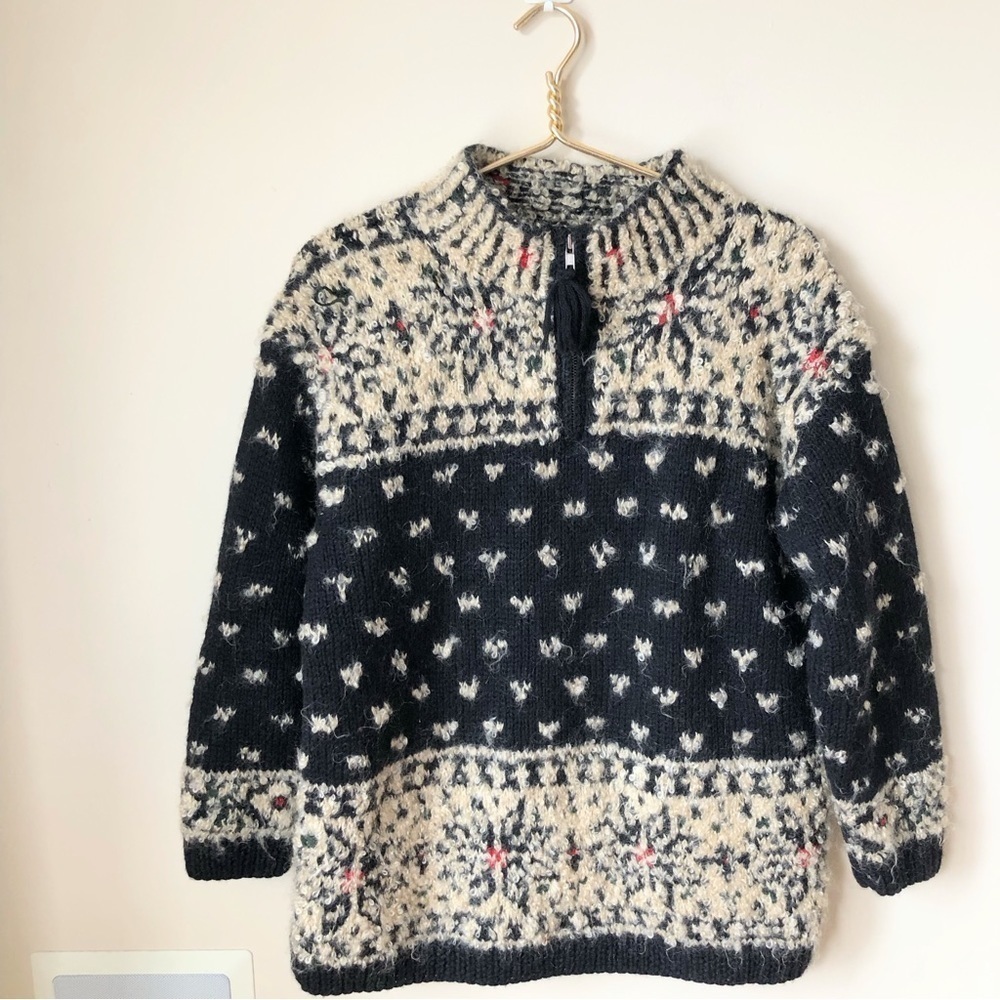 VINTAGE Chunky Hand Knitted Black & Cream Pullover Fair Isle 1/2 Zip Sweater P/S
